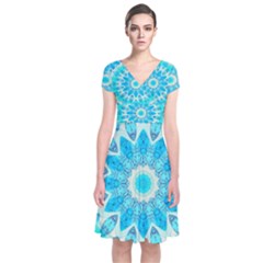 Blue Ice Goddess, Abstract Crystals Of Love Short Sleeve Front Wrap Dress