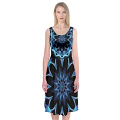 Crystal Star, Abstract Glowing Blue Mandala Midi Sleeveless Dress by DianeClancy
