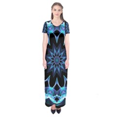 Crystal Star, Abstract Glowing Blue Mandala Short Sleeve Maxi Dress by DianeClancy