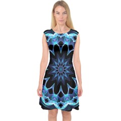 Crystal Star, Abstract Glowing Blue Mandala Capsleeve Midi Dress by DianeClancy