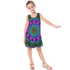 Star Of Leaves, Abstract Magenta Green Forest Kids  Sleeveless Dress by DianeClancy