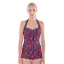 Red floral pattern Boyleg Halter Swimsuit  View1