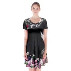 Freckles In Flowers Ii, Black White Tux Cat Short Sleeve V-neck Flare Dress