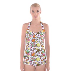 Xmas Candy Pattern Boyleg Halter Swimsuit 