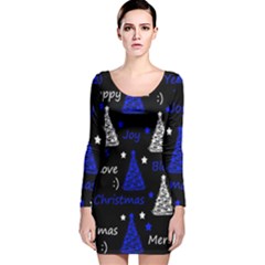 New Year pattern - blue Long Sleeve Velvet Bodycon Dress