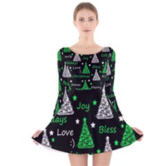 New Year Pattern - Green Long Sleeve Velvet Skater Dress by Valentinaart