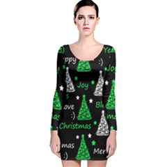 New Year Pattern - Green Long Sleeve Velvet Bodycon Dress by Valentinaart