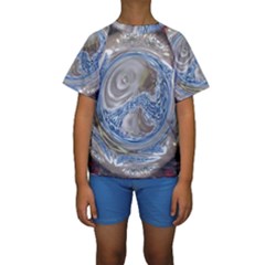 Silver Gray Blue Geometric Art Circle Kids  Short Sleeve Swimwear by yoursparklingshop