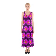 Pink Flower Pattern On Wine Red Sleeveless Maxi Dress