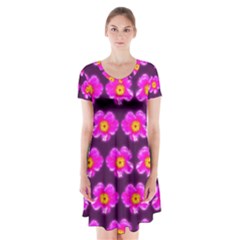 Pink Flower Pattern On Wine Red Short Sleeve V-neck Flare Dress