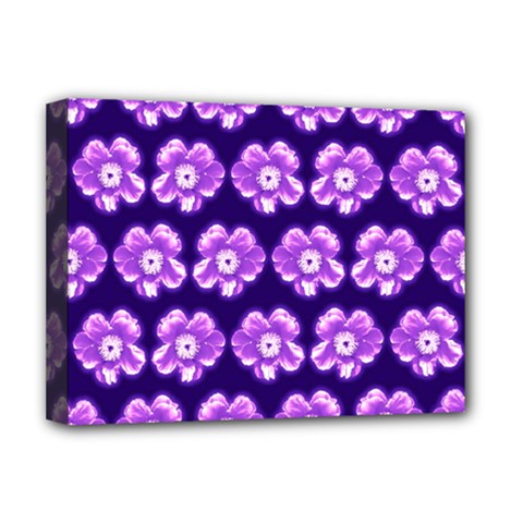 Purple Flower Pattern On Blue Deluxe Canvas 16  x 12  