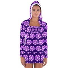 Purple Flower Pattern On Blue Women s Long Sleeve Hooded T-shirt