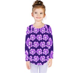 Purple Flower Pattern On Blue Kids  Long Sleeve Tee