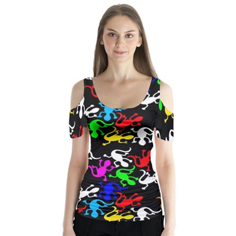 Colorful Lizards Pattern Butterfly Sleeve Cutout Tee  by Valentinaart