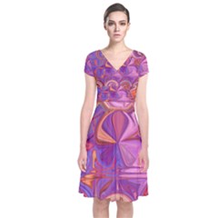 Candy Abstract Pink, Purple, Orange Short Sleeve Front Wrap Dress