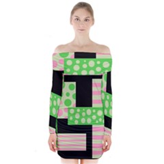 Green And Pink Collage Long Sleeve Off Shoulder Dress by Valentinaart