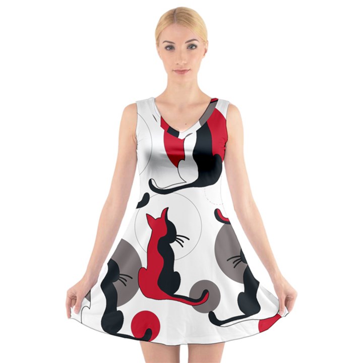 Elegant abstract cats  V-Neck Sleeveless Skater Dress