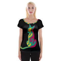 Colorful Abstract Cat  Women s Cap Sleeve Top by Valentinaart