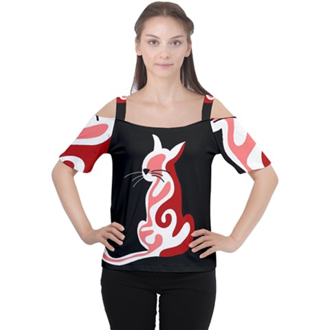 Red Abstract Cat Women s Cutout Shoulder Tee by Valentinaart