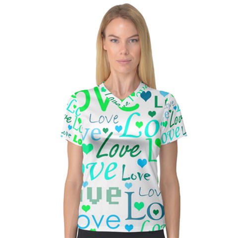 Love Pattern - Green And Blue Women s V-neck Sport Mesh Tee by Valentinaart