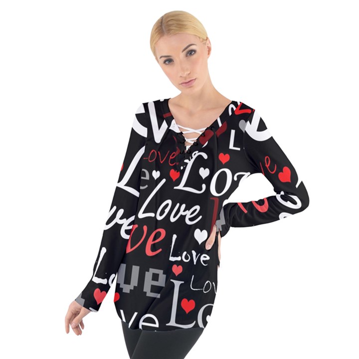 Red Love pattern Women s Tie Up Tee