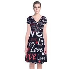 Red Love Pattern Short Sleeve Front Wrap Dress by Valentinaart