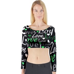 Green Valentine s Day Pattern Long Sleeve Crop Top by Valentinaart