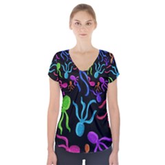 Colorful Octopuses Pattern Short Sleeve Front Detail Top by Valentinaart