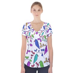 Birds And Flowers Short Sleeve Front Detail Top by Valentinaart