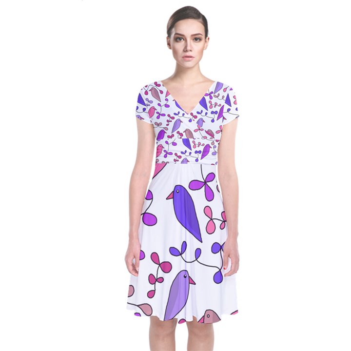 Flowers and birds pink Short Sleeve Front Wrap Dress