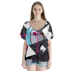 Abstract Bird Flutter Sleeve Top