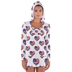 Usa Grunge Heart Shaped Flag Pattern Women s Long Sleeve Hooded T-shirt by dflcprintsclothing
