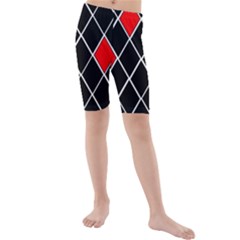 Elegant Black And White Red Diamonds Pattern Kids  Mid Length Swim Shorts