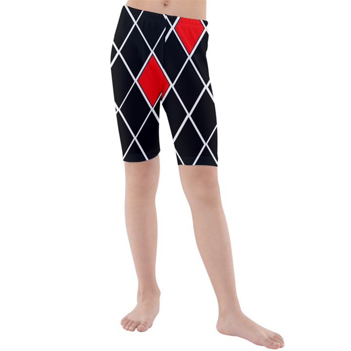 Elegant Black And White Red Diamonds Pattern Kids  Mid Length Swim Shorts