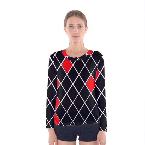 Elegant Black And White Red Diamonds Pattern Women s Long Sleeve Tee by yoursparklingshop
