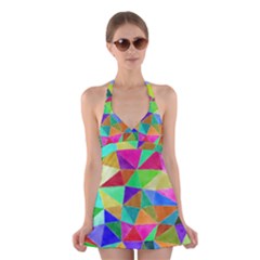 Triangles, colorful watercolor art  painting Halter Swimsuit Dress