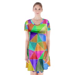 Triangles, colorful watercolor art  painting Short Sleeve V-neck Flare Dress