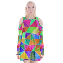 Triangles, colorful watercolor art  painting Velvet Long Sleeve Shoulder Cutout Dress