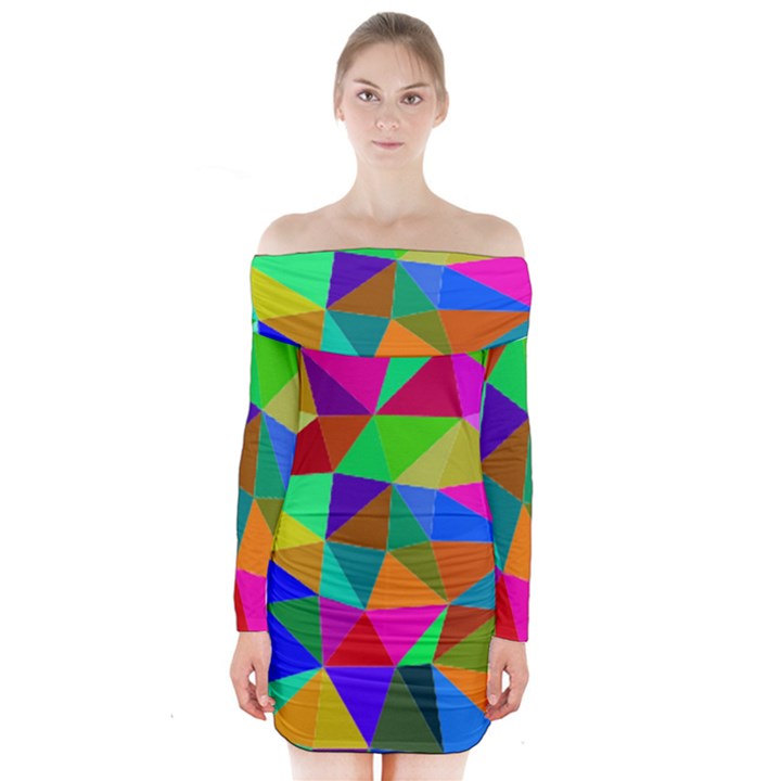 Colorful Triangles, oil painting art Long Sleeve Off Shoulder Dress