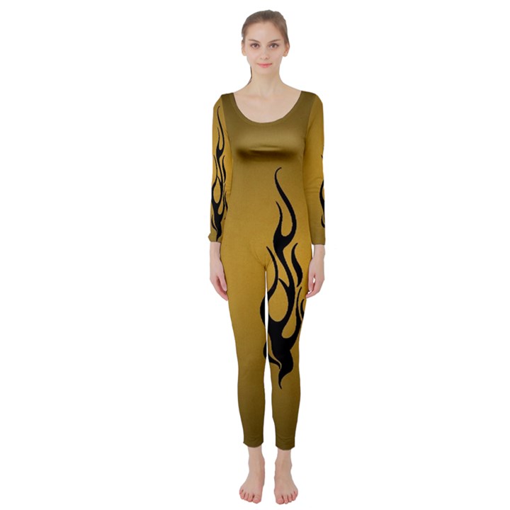 Flame black, golden background Long Sleeve Catsuit