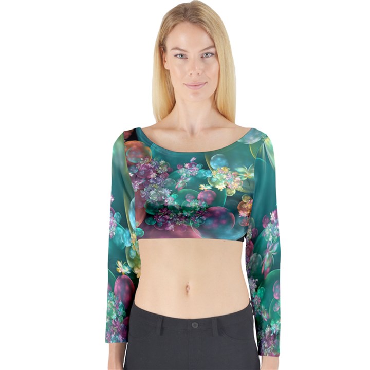 Butterflies, Bubbles, And Flowers Long Sleeve Crop Top