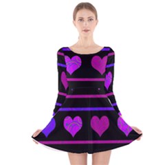Purple And Magenta Harts Pattern Long Sleeve Velvet Skater Dress by Valentinaart