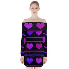 Purple And Magenta Harts Pattern Long Sleeve Off Shoulder Dress by Valentinaart