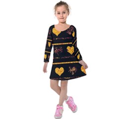 Yellow Harts Pattern Kids  Long Sleeve Velvet Dress by Valentinaart