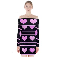 Pink Harts Pattern Long Sleeve Off Shoulder Dress by Valentinaart
