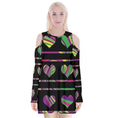 Colorful Harts Pattern Velvet Long Sleeve Shoulder Cutout Dress by Valentinaart