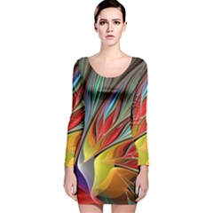 Fractal Bird Of Paradise Long Sleeve Velvet Bodycon Dress by WolfepawFractals