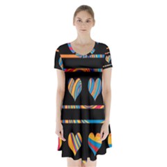 Colorful Harts Pattern Short Sleeve V-neck Flare Dress