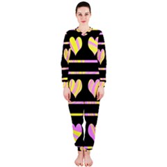 Pink And Yellow Harts Pattern Onepiece Jumpsuit (ladies)  by Valentinaart