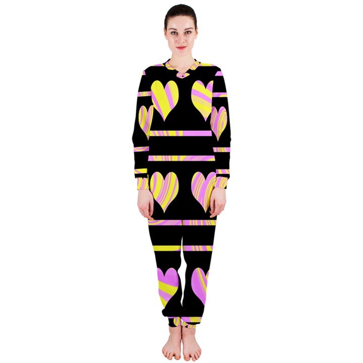 Pink and yellow harts pattern OnePiece Jumpsuit (Ladies) 